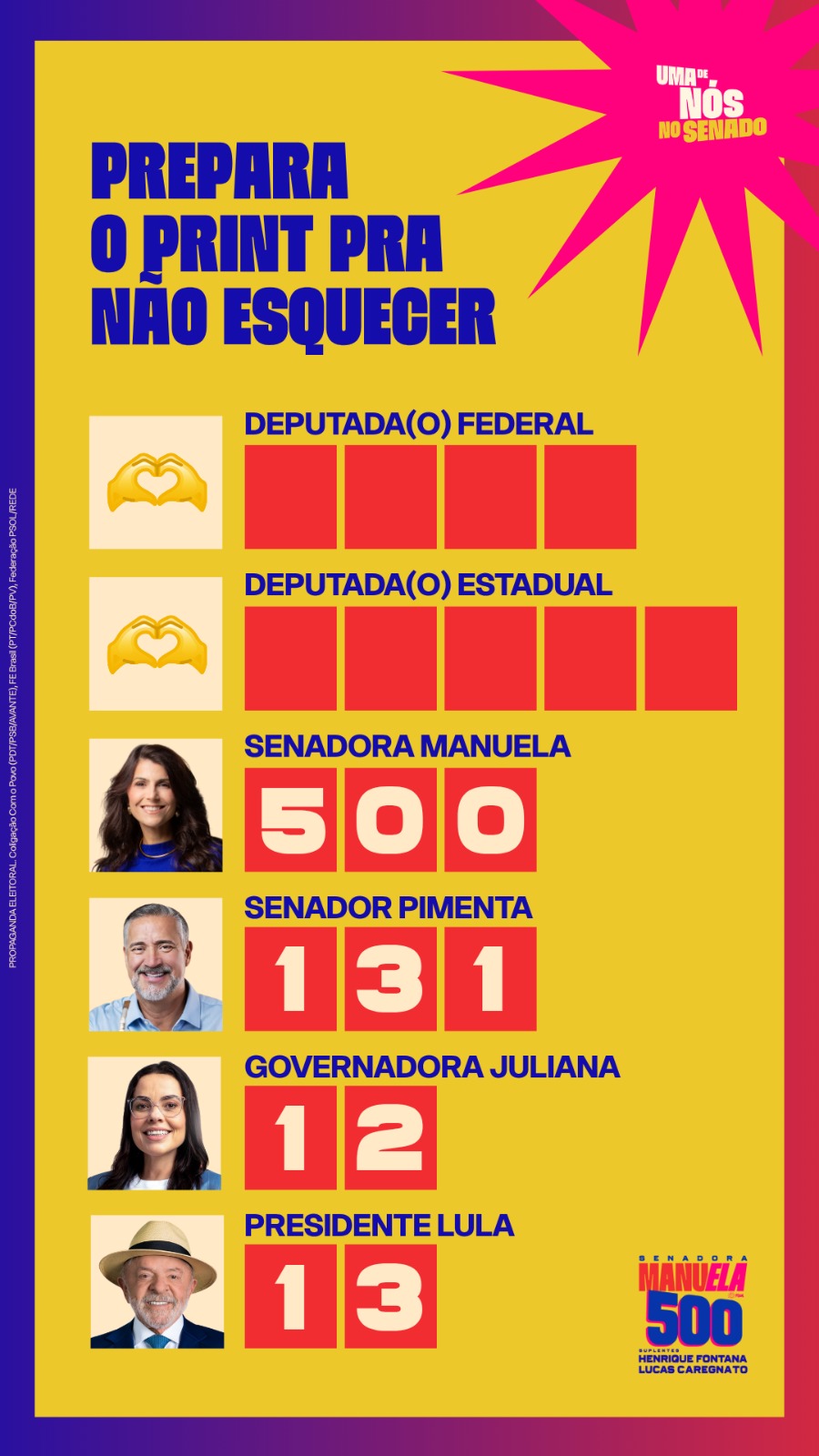 Colinha oficial da Manuela. Dois espaços para deputados; Manuela 500, Pimenta 131, Juliana 12 e Lula 13 já preenchidos.